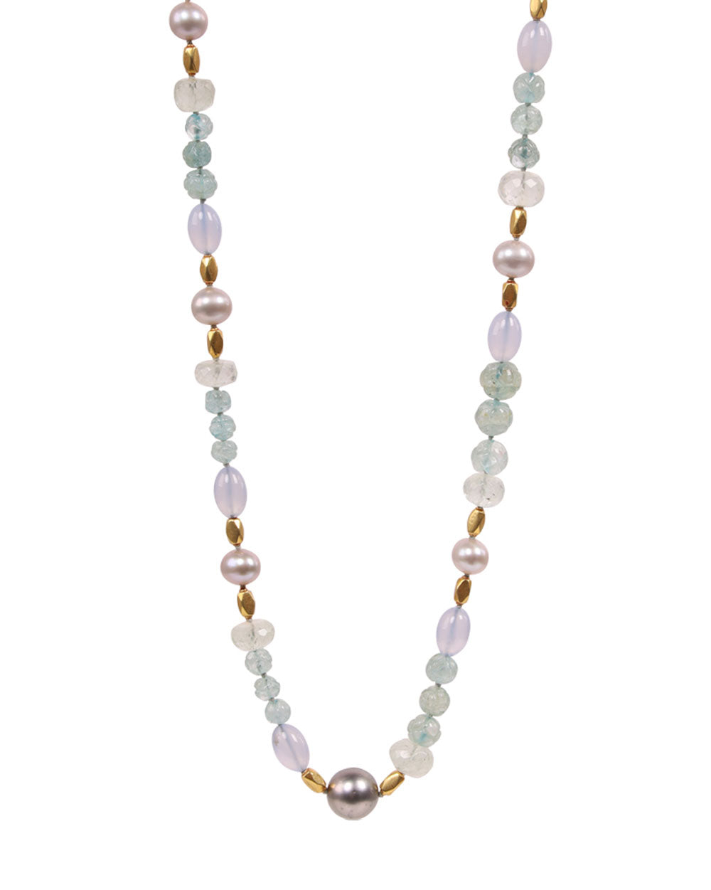 Gold Pearl Carved Aqua Beaded Facet Emerald Necklace