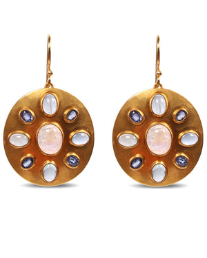 Moonstone and Sapphire Disk Earrings