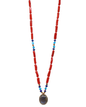 Orange Coral and Blue Labradorite Pendant Necklace