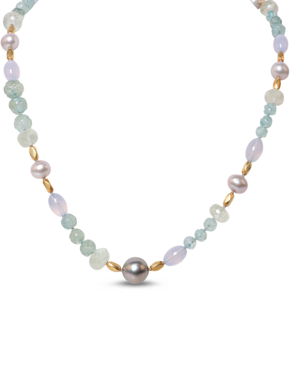 Gold Pearl Carved Aqua Beaded Facet Emerald Necklace