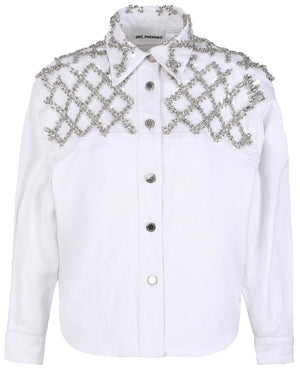 White Crystal Embellished Denim Shirt