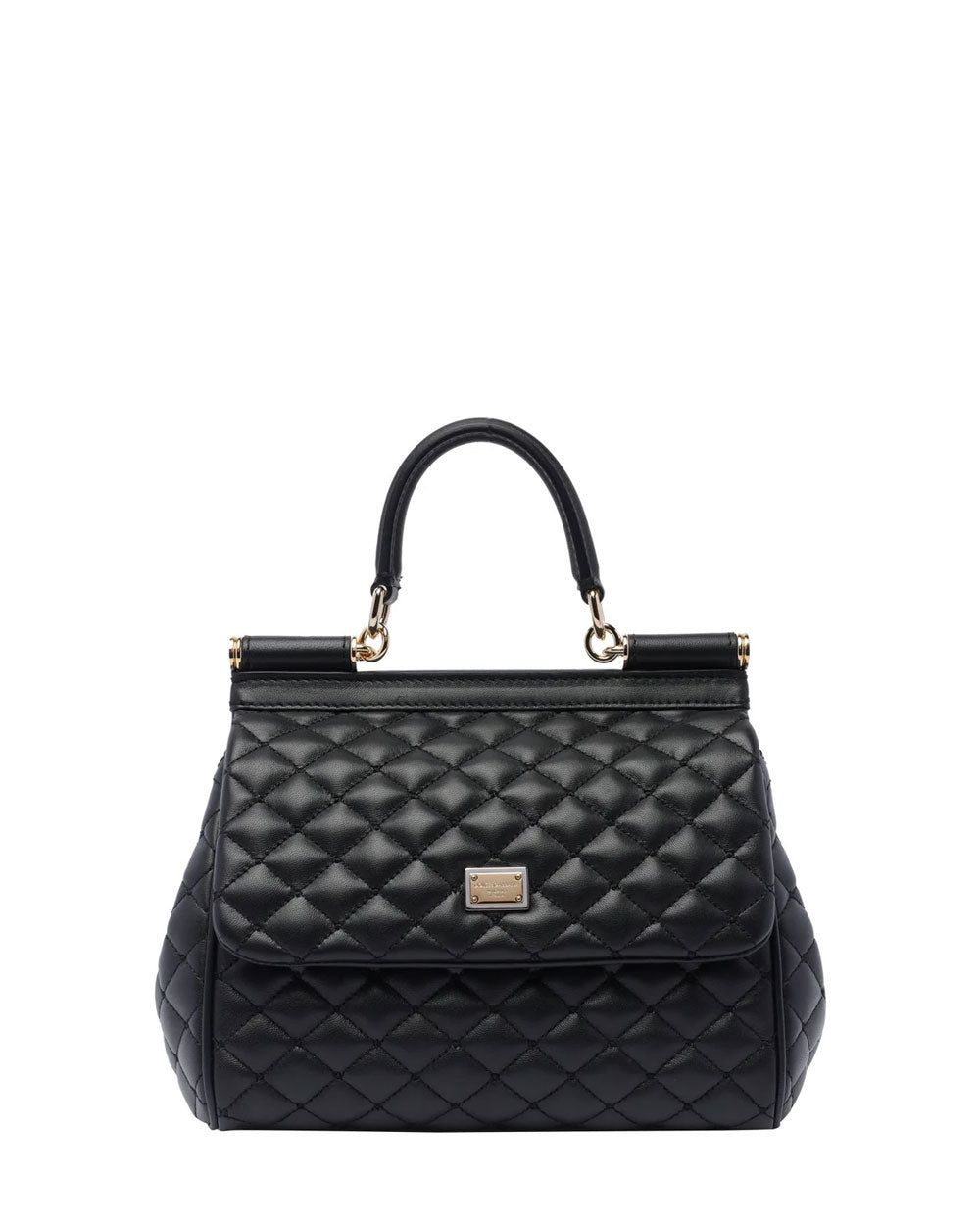 Medium Sicily Quilted Top Handle Bag in Black