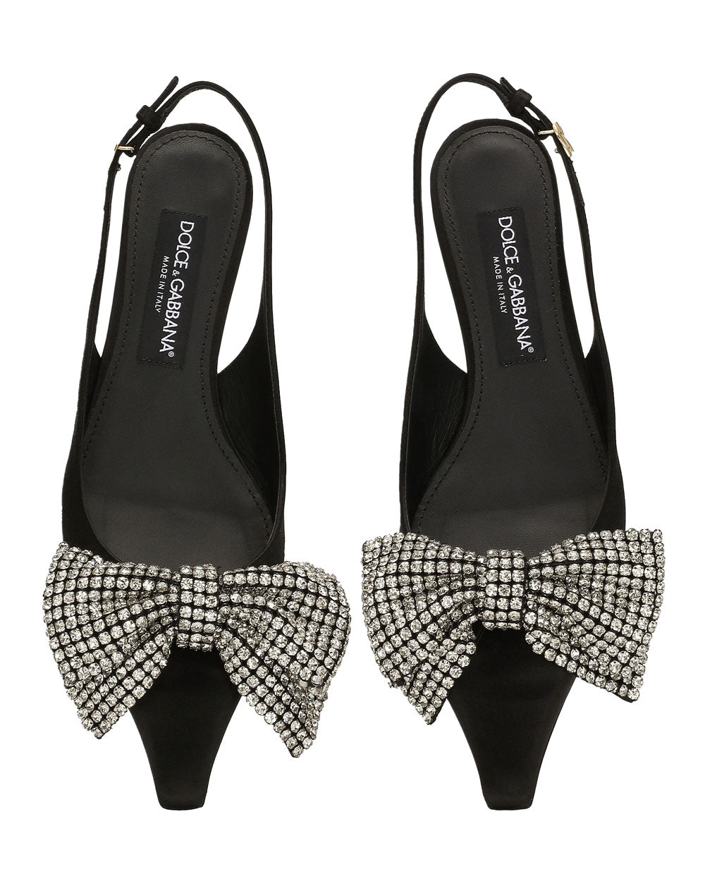 Satin Rhinestone Bow Slingback in Black