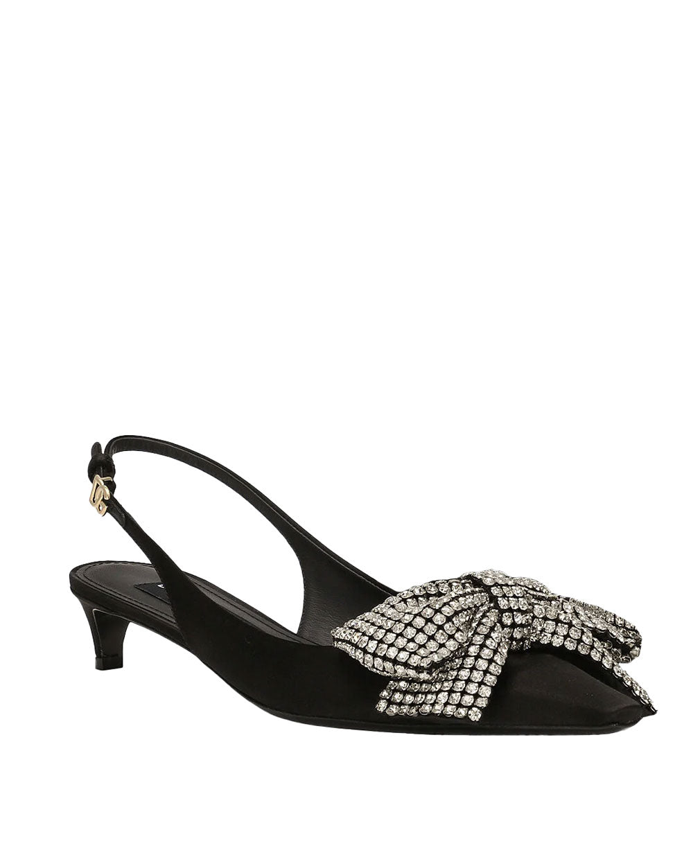 Satin Rhinestone Bow Slingback in Black