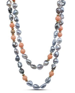 Tahiti Keshi Pearl and Vintage Slamon Coral Necklace