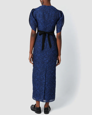 Blue Organza Cloquet Belted Midi Dress