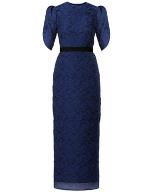 Blue Organza Cloquet Belted Midi Dress