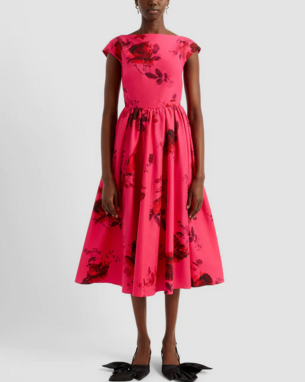 Cerise Floral Print Cap Sleeve Midi Dress