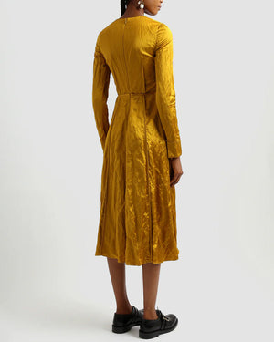 Gold Embellished Satin Long Sleeve Midi Dress