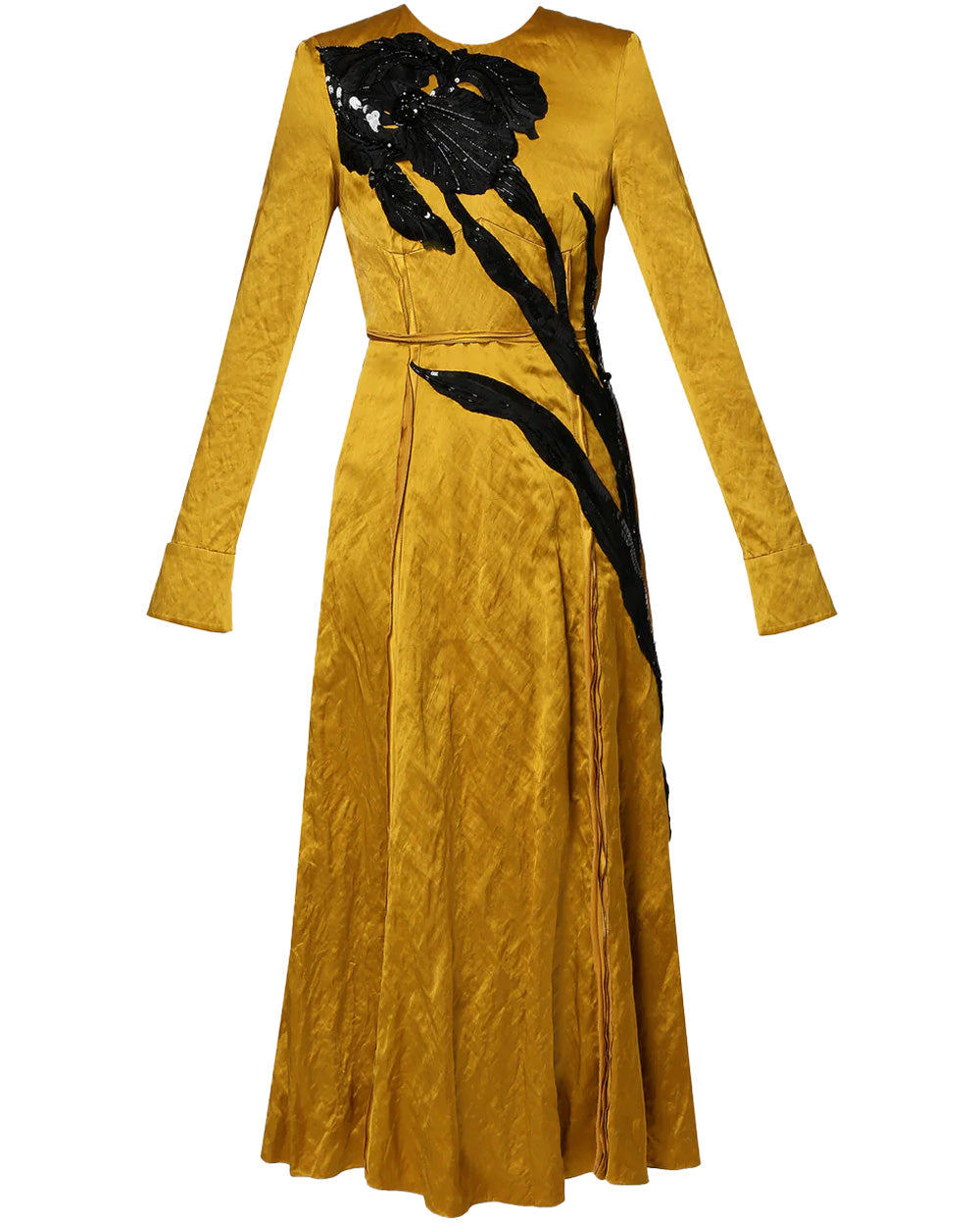 Gold Embellished Satin Long Sleeve Midi Dress