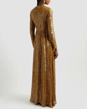 Gold Sequin Long Sleeve Gown