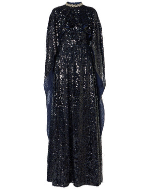 Navy Sequin Cape Gown