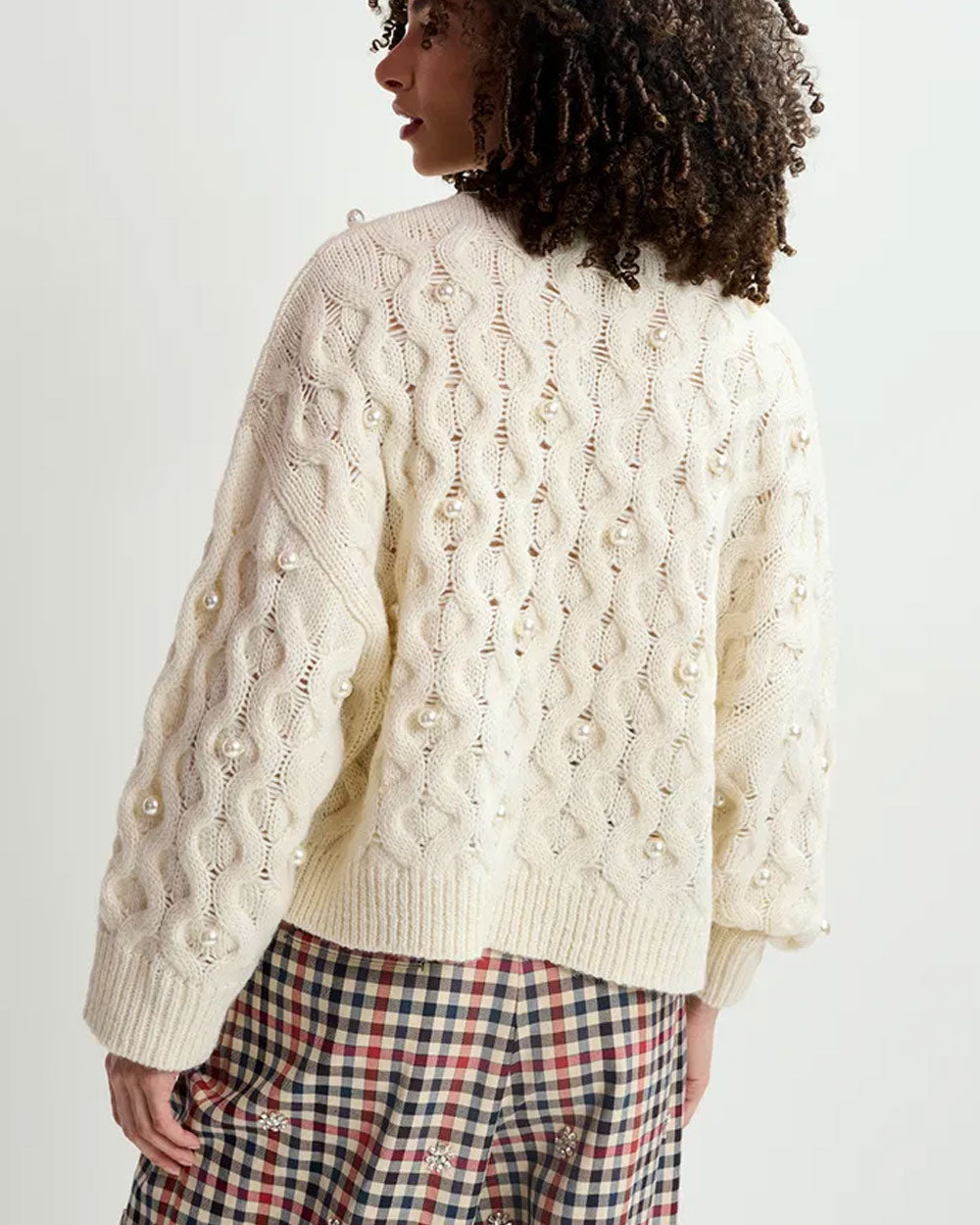 Off White Pearl Embellished Cable Knitted Sweater