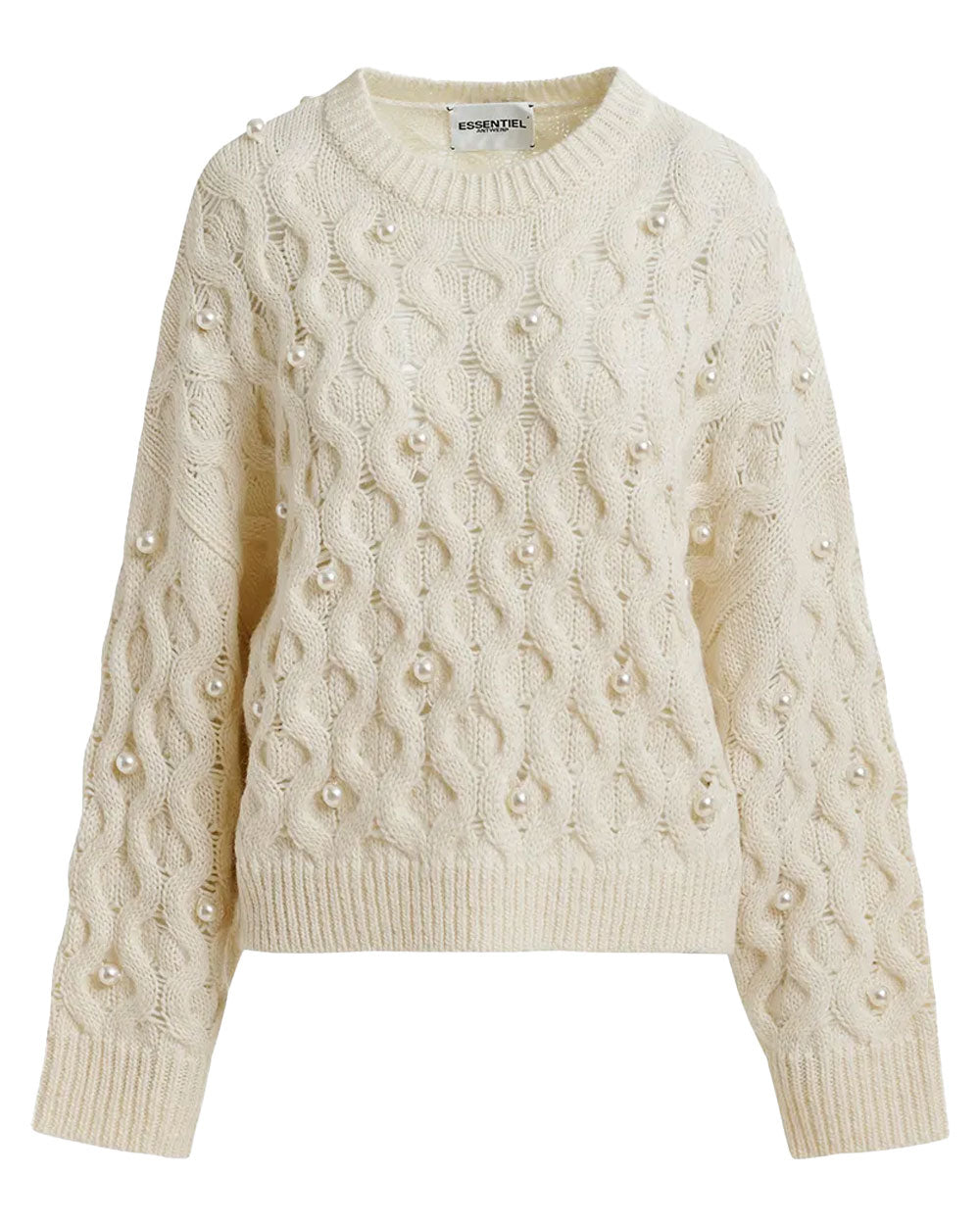 Off White Pearl Embellished Cable Knitted Sweater