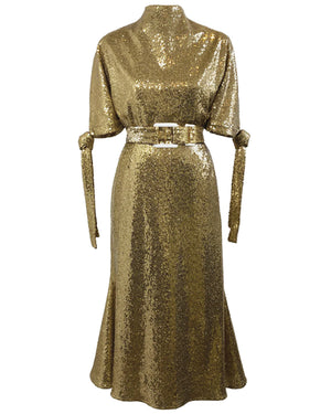 Gold Sequin Pedernal Belted Midi Dress