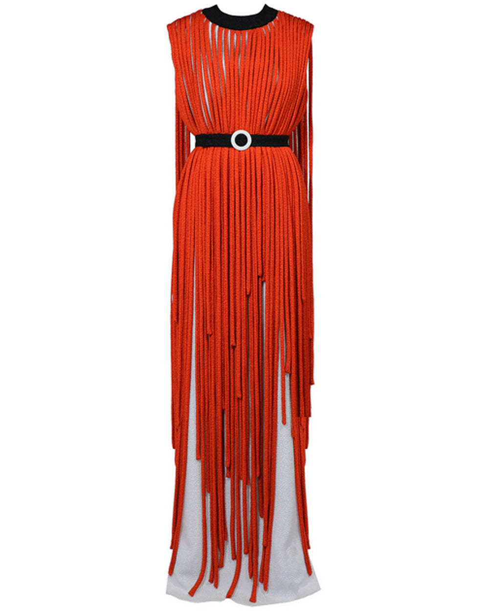 Ivory and Scarlet Fringe Gorgo Belted Gown