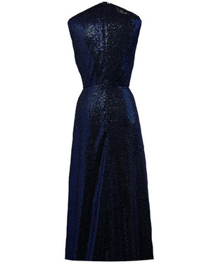 Navy Blue Sequin Nymph Drape Midi Dress