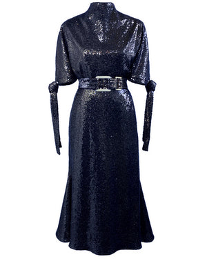 Navy Sequin Pedernal Belted Midi Dress