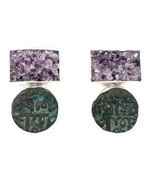 Purple Tourmaline and Hindu Shahi King Coin Earrings