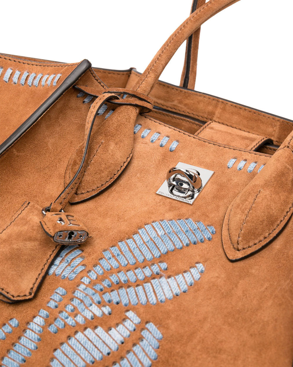 Maggie Embroidered Suede Tote Bag in Biscuit