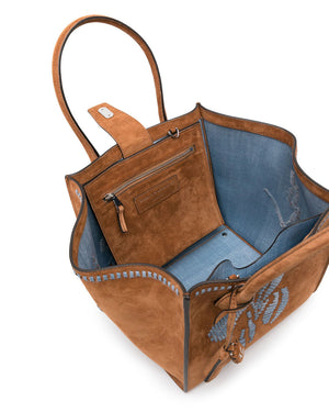 Maggie Embroidered Suede Tote Bag in Biscuit