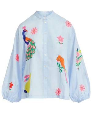 Blue Embroidered Button Front Felhi Shirt