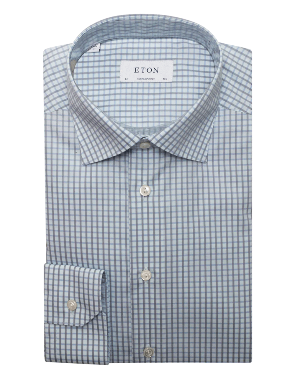 Mid Blue and Grey Checked Cotton Dress Shirt