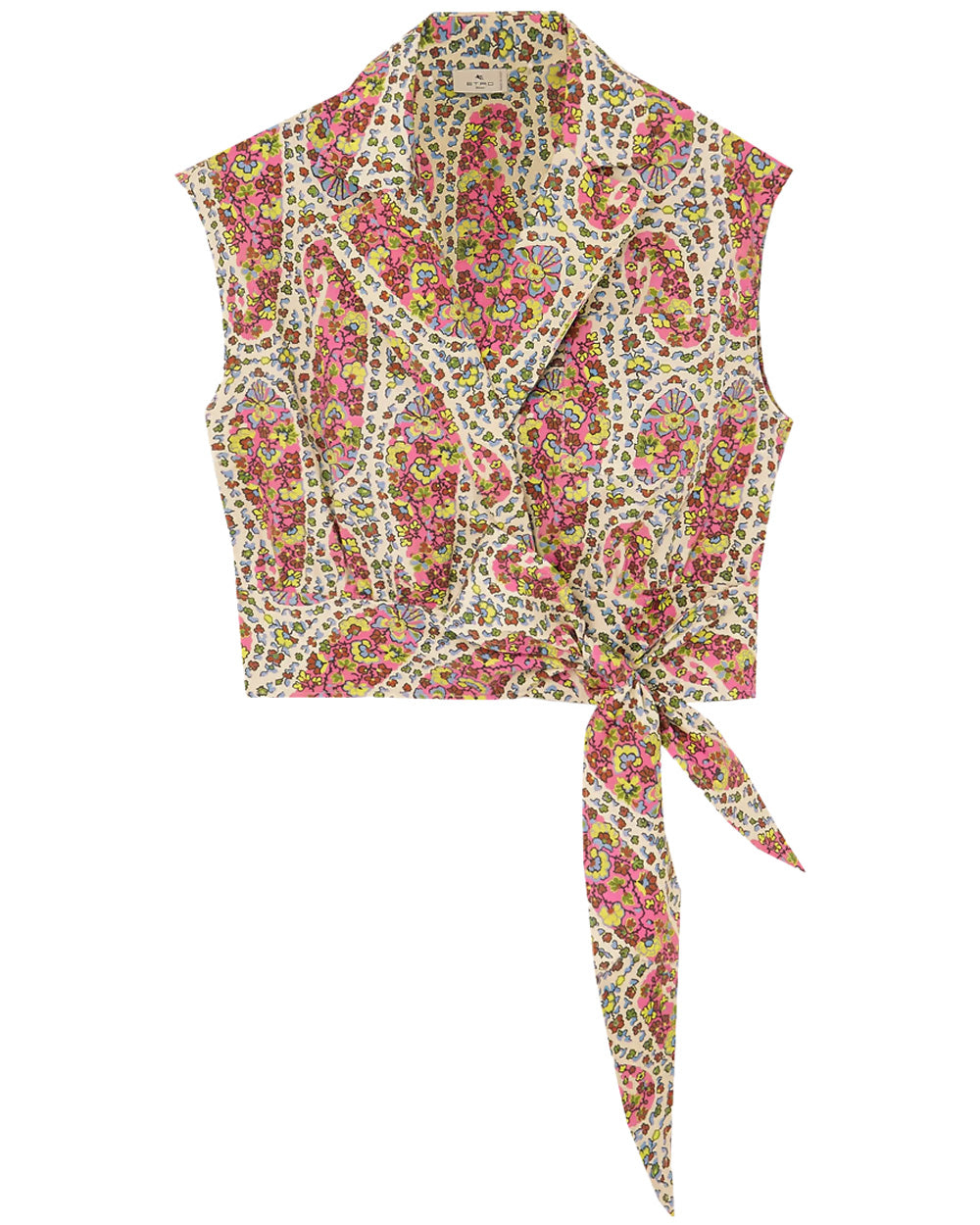 Bright Paisley Print Sleeveless Tie Front Blouse