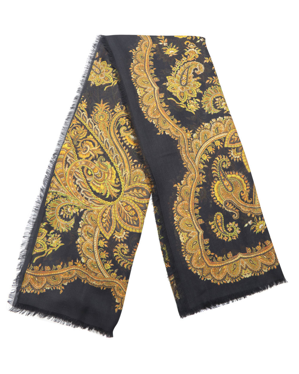 Paisley Print Frayed Scarf in Gold