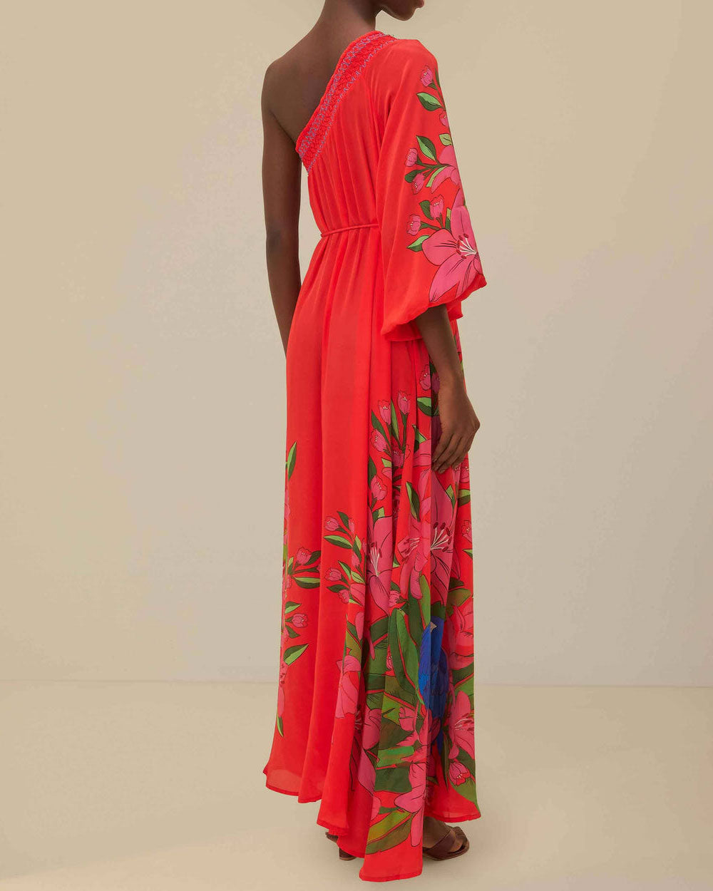 Red Summer Foliage Scarf Maxi Dress