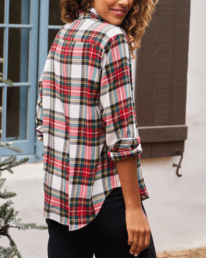 White and Red with Green Plaid Relaxed Button Up Shirt