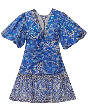 Blue Tile Print Short Sleeve Mini Dress