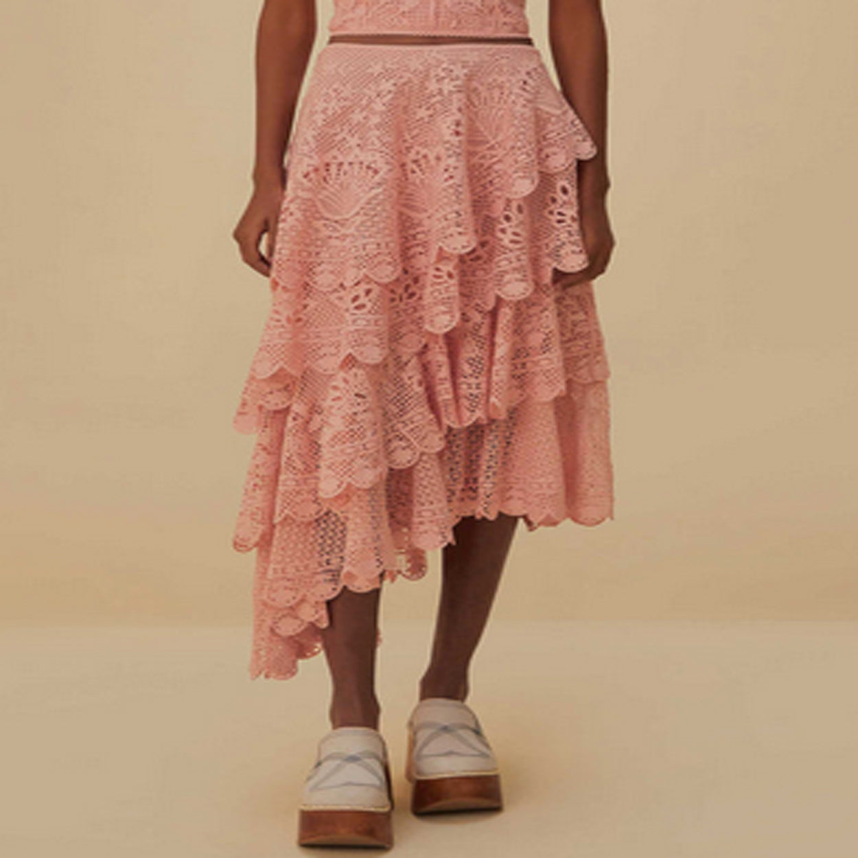 Light Pink Guipure Tiered Maxi Skirt
