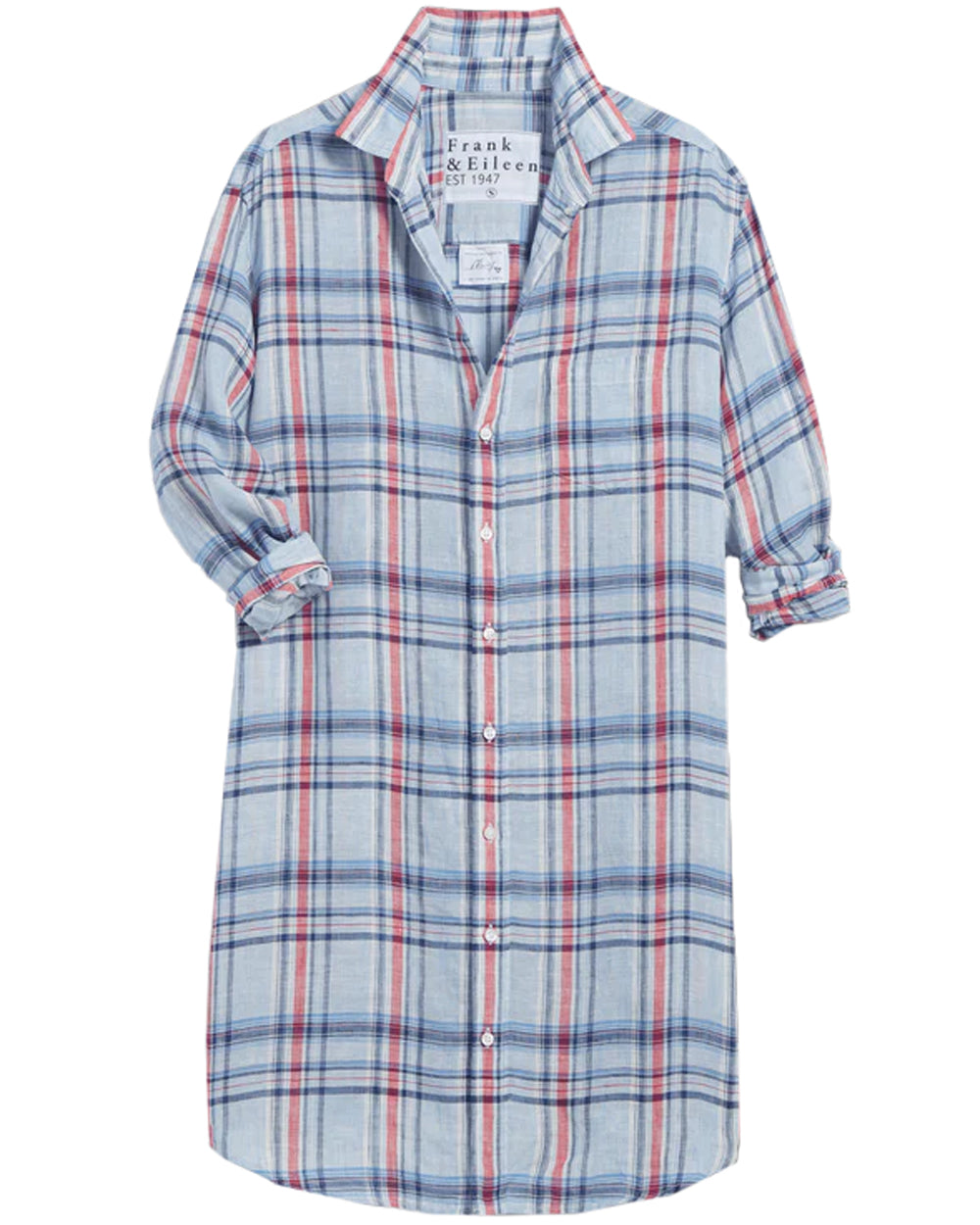 Light Blue and Red Plaid Linen Mary Shirt Dress
