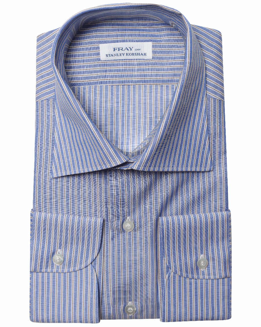 Faded Blue and Brown Striped Cotton Blend Dress Shirt