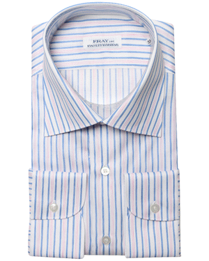 Faded Blue and Pink Multi Striped Cotton Blend Dress Shirt