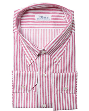Maroon and White Wide Striped Cotton Blend Dress Shirt