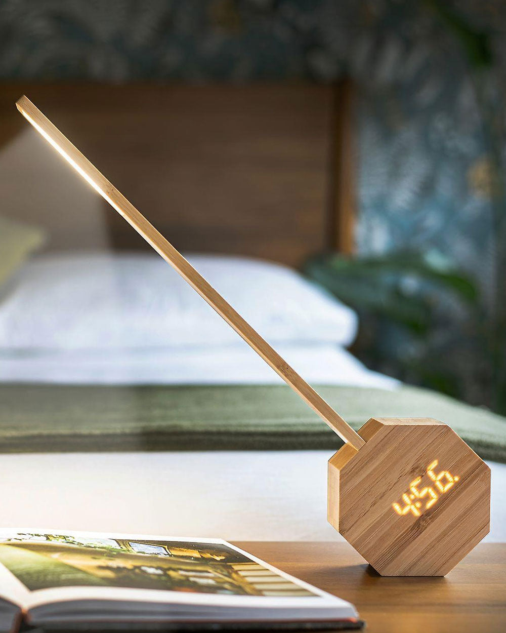 Octagon Portable Alarm Clock and Desk Lamp in Bamboo