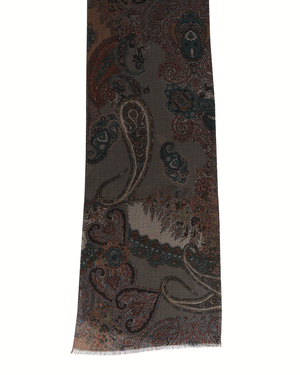 Beige, Gold, and Teal Paisley Wool Scarf