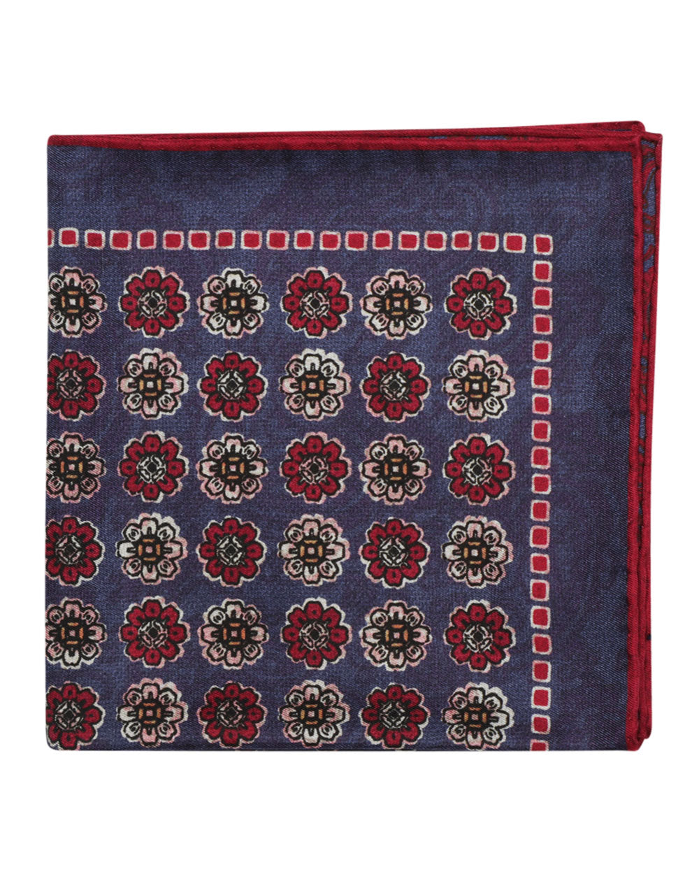 Blue and Red Floral and Paisley Reversible Silk Pocket Square