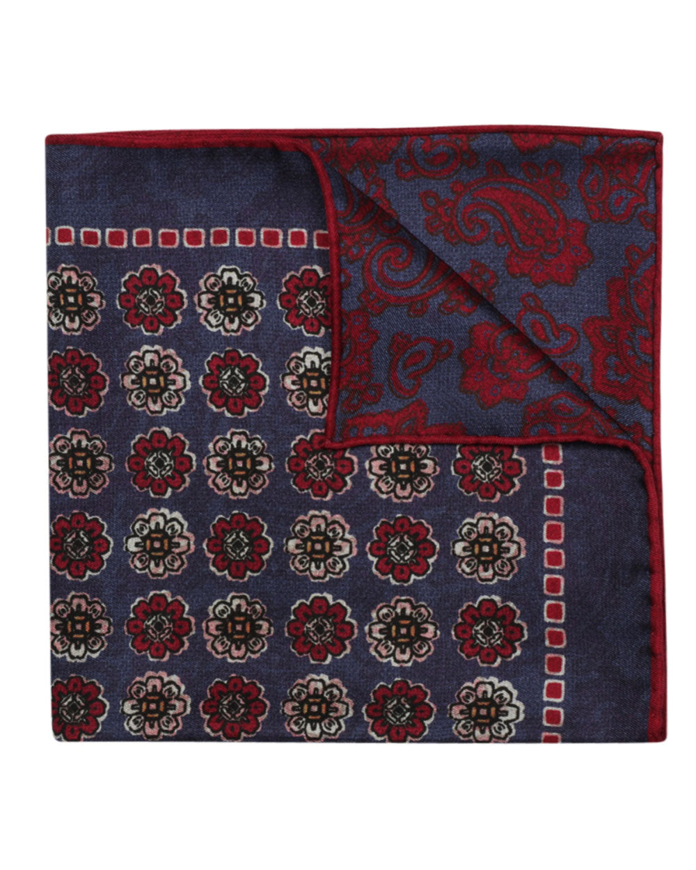 Blue and Red Floral and Paisley Reversible Silk Pocket Square