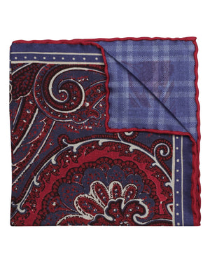 Blue and Red Paisley and Plaid Reversible Silk Pocket Square