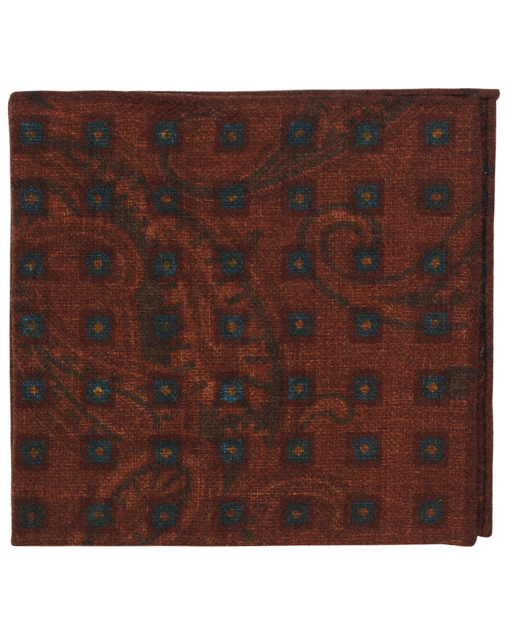 Brown and Blue Geometric Paisley Reversible Wool Pocket Square