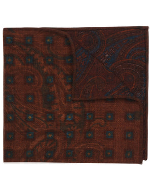Brown and Blue Geometric Paisley Reversible Wool Pocket Square