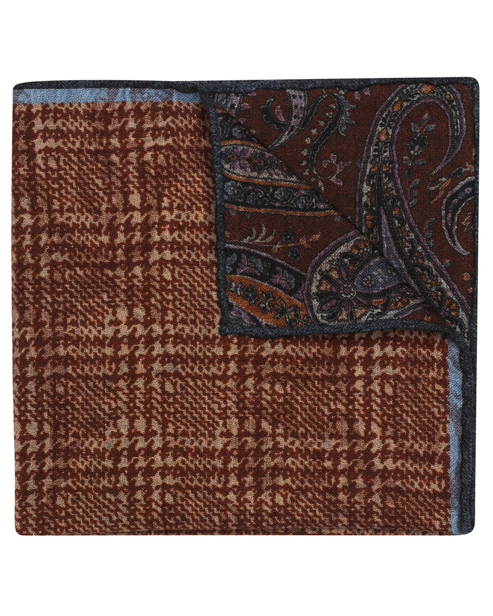 Brown and Blue Houndstooth Paisley Reversible Wool Pocket Square