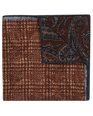 Brown and Blue Houndstooth Paisley Reversible Wool Pocket Square
