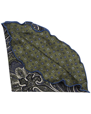 Green and Blue Paisley Dot Reversible Silk Round Pocket Square