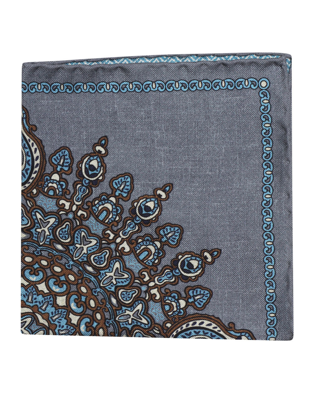 Grey and Blue Medallion Reversible Silk Pocket Square