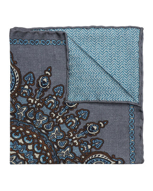 Grey and Blue Medallion Reversible Silk Pocket Square