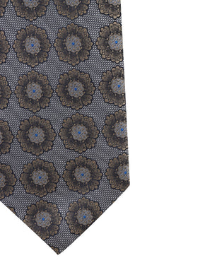 Grey and Brown Medallion Print Silk Tie